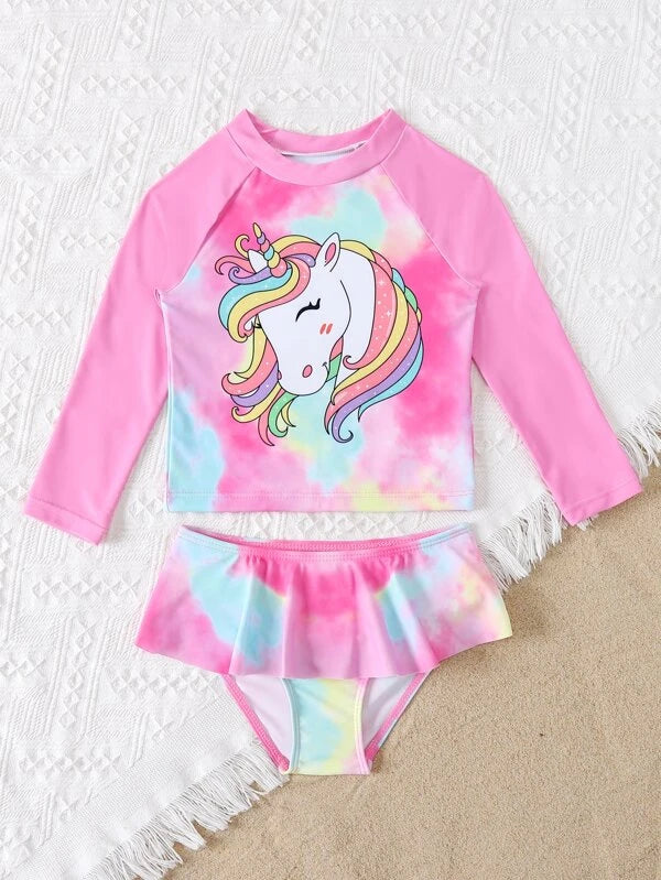 SHEIN Kids QTFun Toddler Girls Unicorn & Tie Dye Pattern Bikini Swimsuit