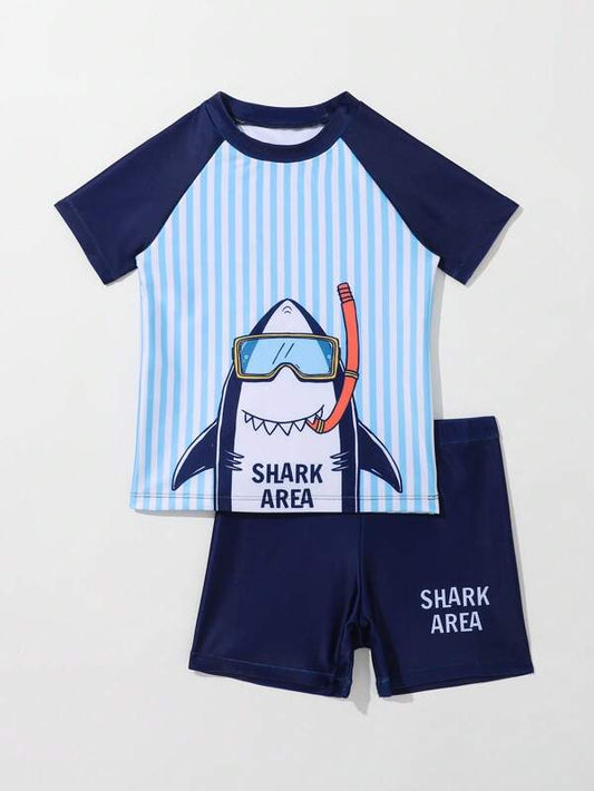 Toddler Boys Striped & Cartoon Shark Print Beach Swimsuit