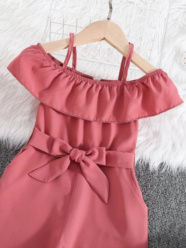 Toddler Girls Cold Shoulder Belted Jumpsuit Without Bag