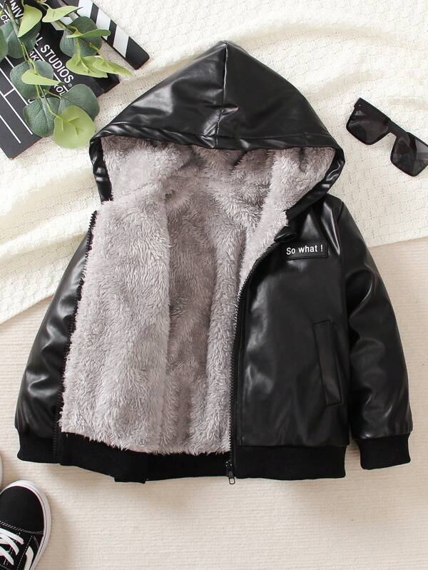 Young Boy Slogan Patched Teddy Lined Zipper Hooded PU Jacket