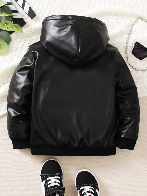 Young Boy Slogan Patched Teddy Lined Zipper Hooded PU Jacket