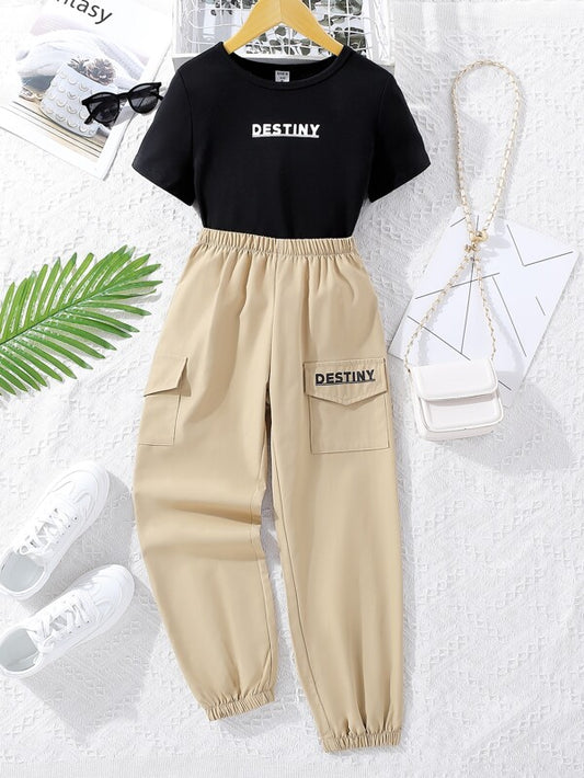 Girls Letter Graphic Tee & Flap Pocket Pants