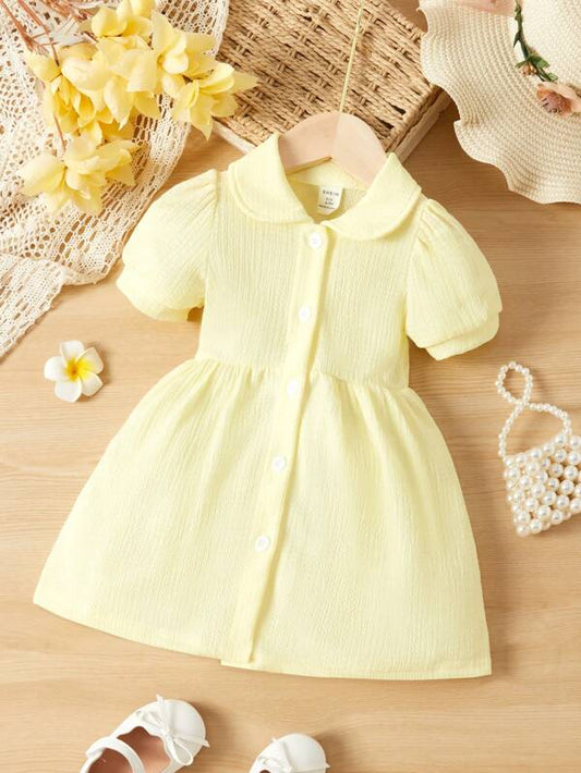 Baby Puff Sleeve Button Front Peter Pan Collar Smock Dress