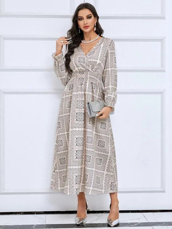 SHEIN Mulvari Scarf Print Surplice Neck Dress