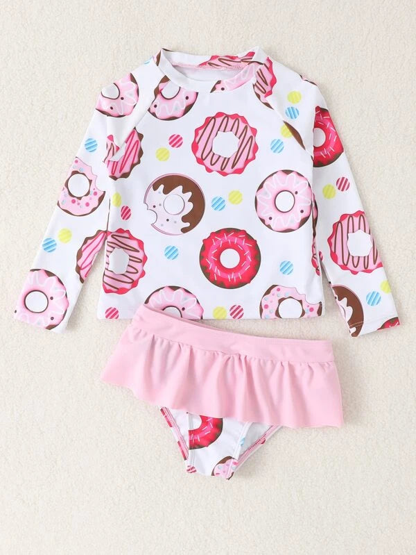 SHEIN Kids SUNSHNE Toddler Girls Donuts Print Ruffle Trim Bikini Swimsuit