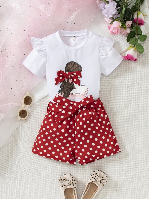 SHEIN Kids EVRYDAY Toddler Girls Figure Graphic Bow Front Ruffle Trim Tee & Polka Dot Print Shorts