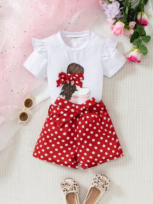 SHEIN Kids EVRYDAY Toddler Girls Figure Graphic Bow Front Ruffle Trim Tee & Polka Dot Print Shorts