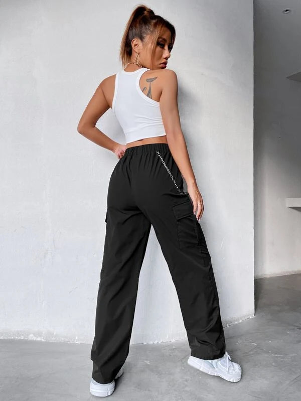 SHEIN Coolane Elastic Waist Cargo Pants With Chain