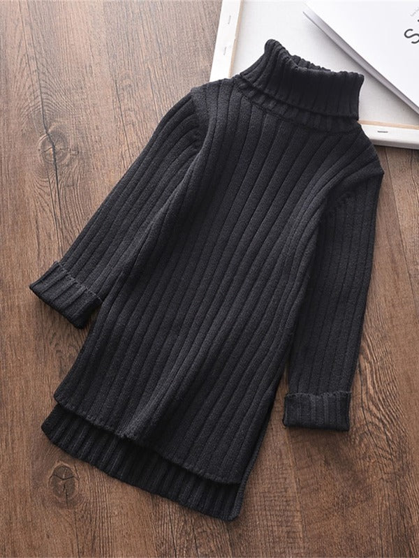 Young Girls' Casual Solid Color High Neck Long Sleeve Split Sweater With Asymmetrical Hem For Autumn And Winter