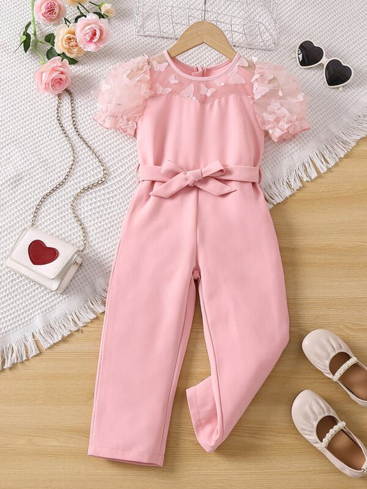 SHEIN Kids EVRYDAY Toddler Girls Butterfly Appliques Contrast Mesh Puff Sleeve Belted Jumpsuit