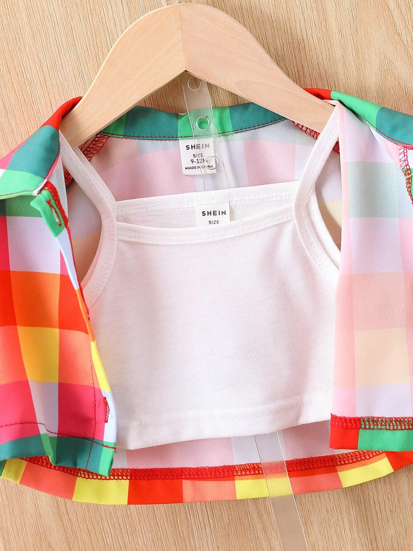 Baby Plaid Print Shirt & Shorts & Cami Top