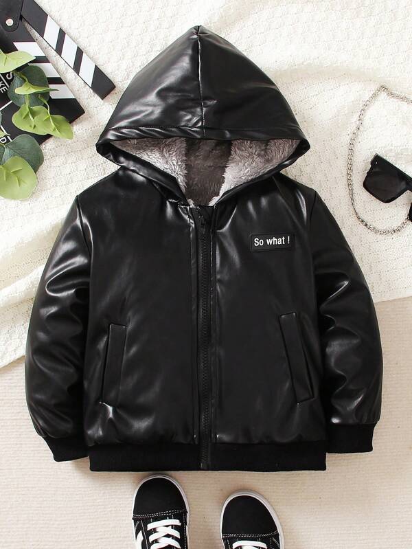 Young Boy Slogan Patched Teddy Lined Zipper Hooded PU Jacket