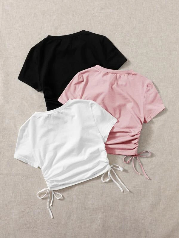 SHEIN Qutie 3pcs Drawstring Ruched Side Tee