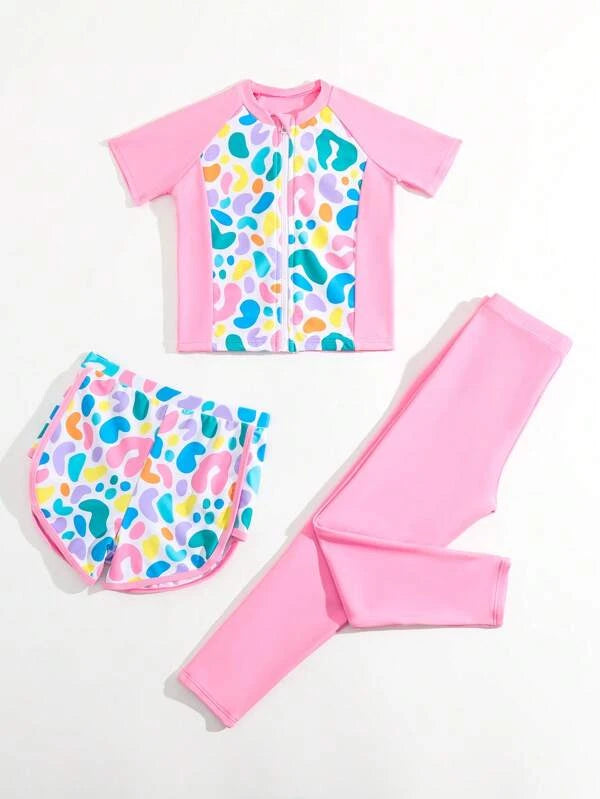 SHEIN Kids EVRYDAY Toddler Girls Graphic Print Contrast Piping Shorts Bikini Swimsuit & Swim Pants