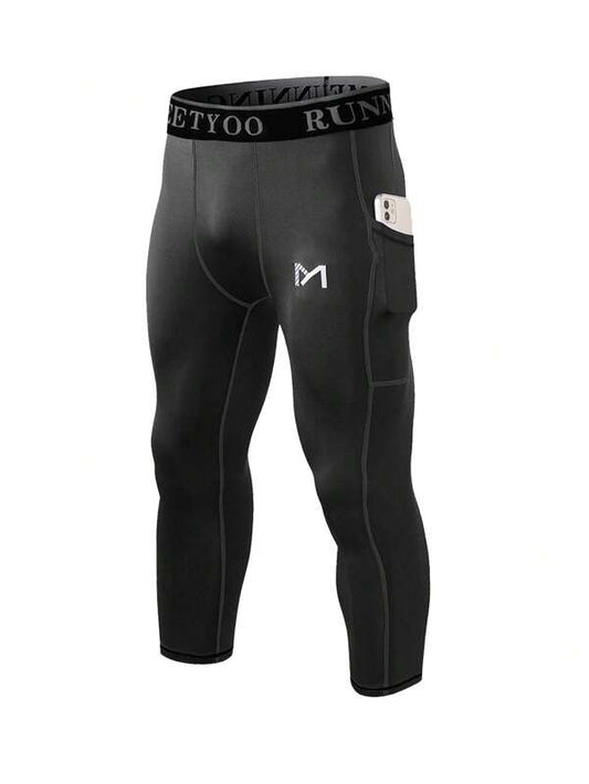 Men Letter Graphic Contrast Topstitching Sports Tights With Phone Pocket