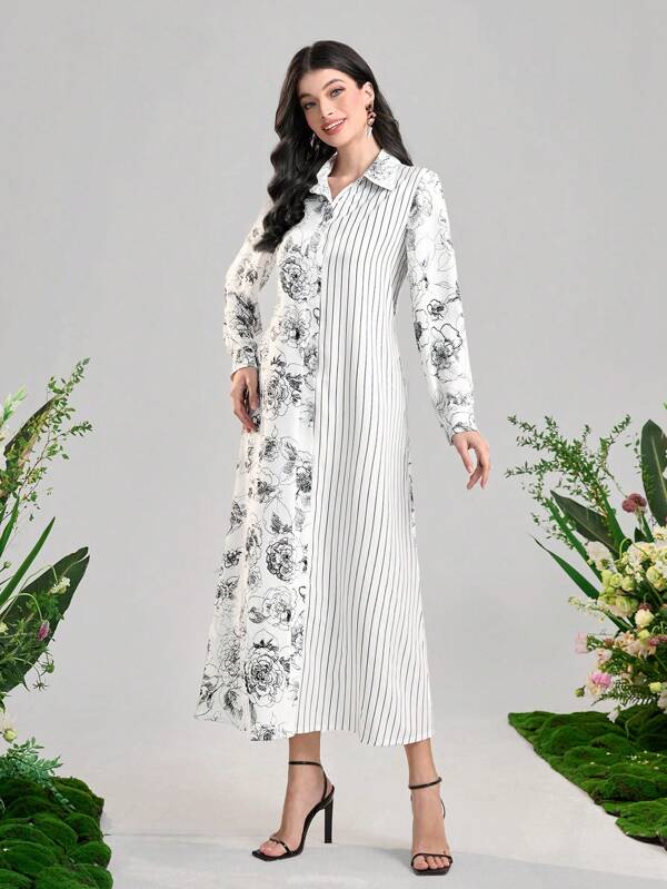 SHEIN Najma Striped & Floral Print Button Front Shirt Dress