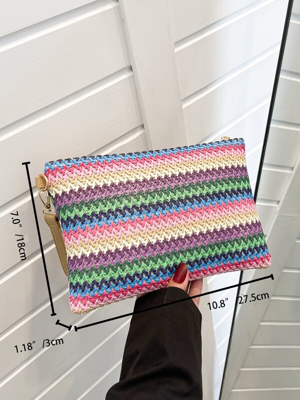 Color Blocking Woven Envelope Clutch Bag With Wrist Strap