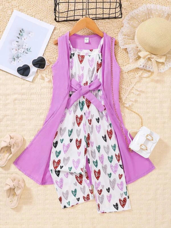 Toddler Girls Heart Print Belted Cami Jumpsuit & Open Front Coat