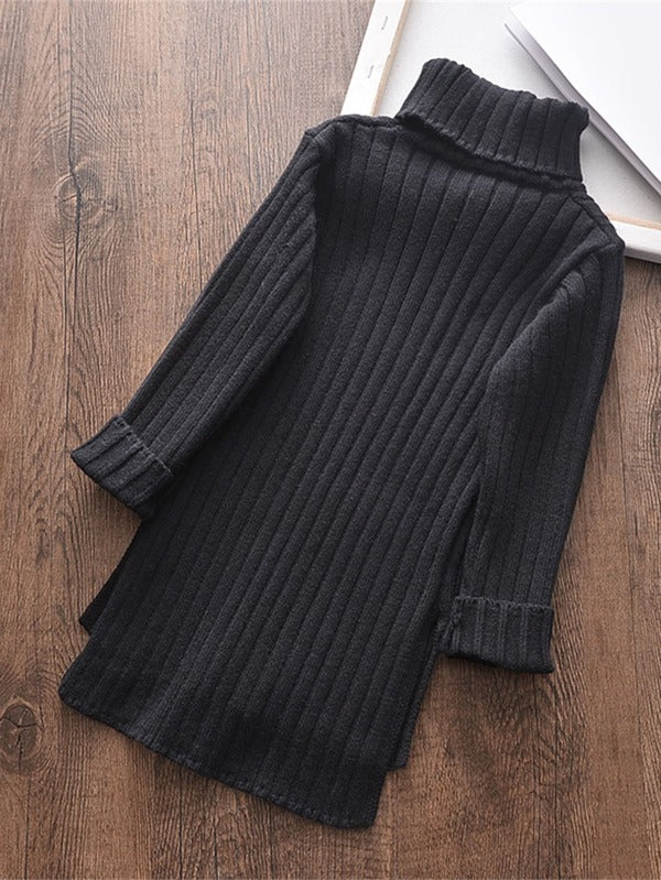 Young Girls' Casual Solid Color High Neck Long Sleeve Split Sweater With Asymmetrical Hem For Autumn And Winter