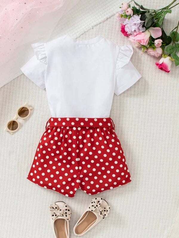 SHEIN Kids EVRYDAY Toddler Girls Figure Graphic Bow Front Ruffle Trim Tee & Polka Dot Print Shorts