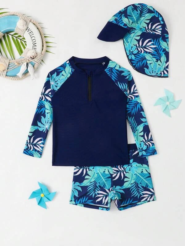 Toddler Boys Tropical Print Raglan Sleeve Swimsuit With Swim Cap