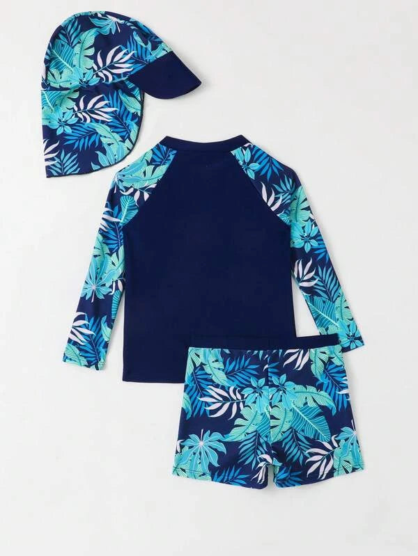 Toddler Boys Tropical Print Raglan Sleeve Swimsuit With Swim Cap