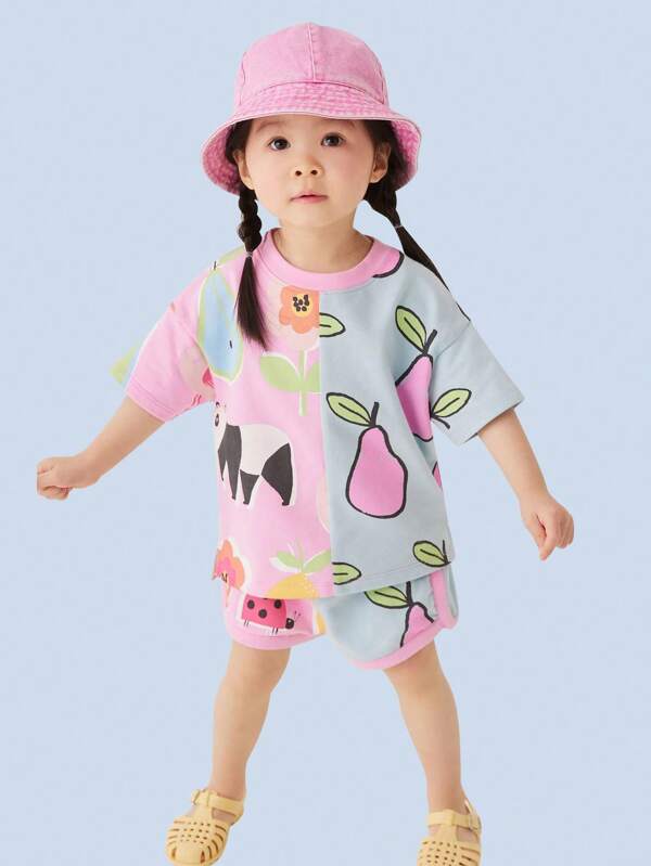 Toddler Girls Fruit Print Drop Shoulder Tee & Shorts