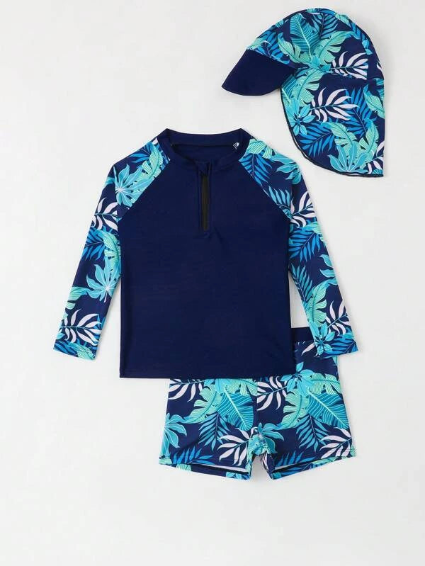 Toddler Boys Tropical Print Raglan Sleeve Swimsuit With Swim Cap