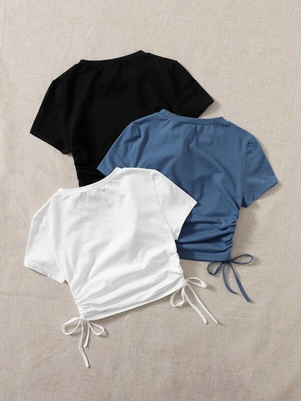 SHEIN Qutie 3pcs Drawstring Ruched Side Tee