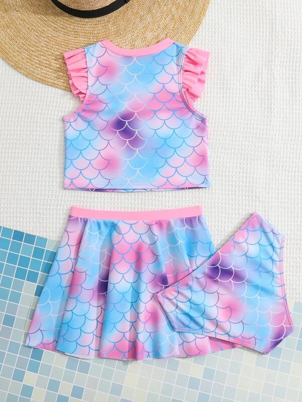 SHEIN Kids SUNSHNE Toddler Girls Fish Scales & Letter Graphic Ruffle Trim Bikini Swimsuit With Beach Skirt