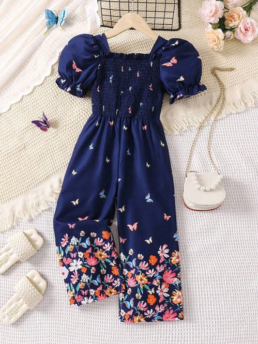 SHEIN Toddler Girls Floral & Butterfly Print Puff Sleeve Jumpsuit