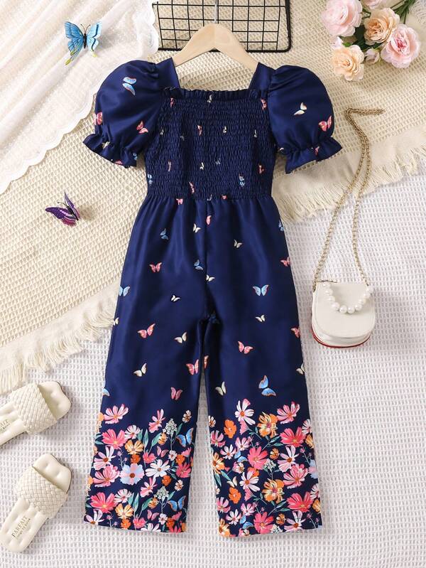 SHEIN Toddler Girls Floral & Butterfly Print Puff Sleeve Jumpsuit