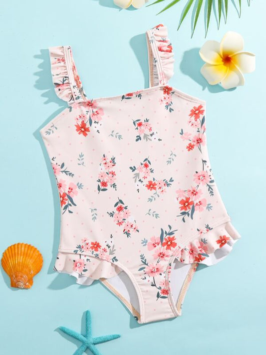 SHEIN Kids SUNSHNE Toddler Girls Floral Print Ruffle Trim One Piece Swimsuit