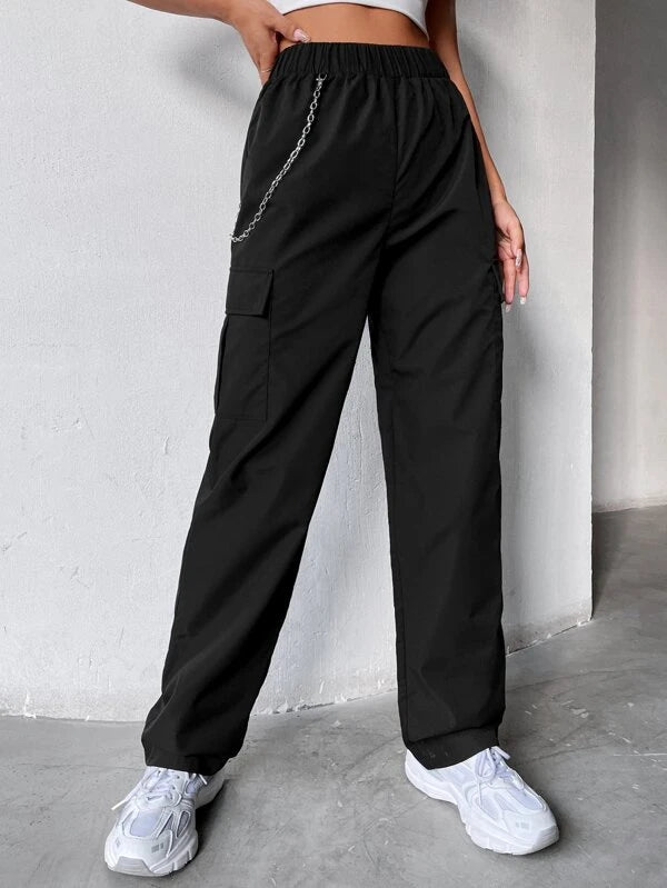 SHEIN Coolane Elastic Waist Cargo Pants With Chain