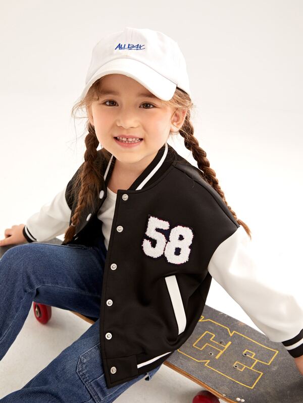 SHEIN Kids EVRYDAY Toddler Girls Number Patch Detail Two Tone Drop Shoulder Varsity Jacket