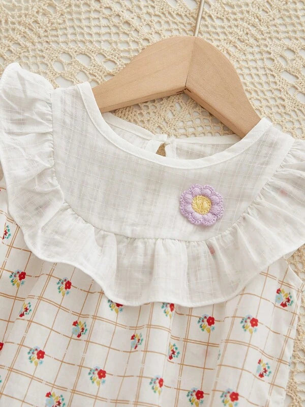 Peninsula Baby Baby Plaid & Floral Print Ruffle Trim Bodysuit