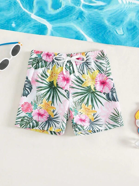 Toddler Boys Tropical Print Drawstring Waist Swim Shorts