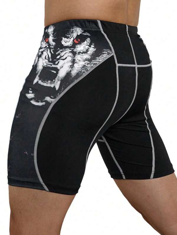 Men Wolf Print Top-stitching Sports Tights