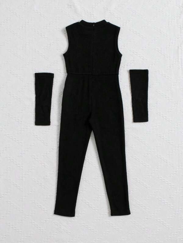 SHEIN Young Girl Solid Unitard Jumpsuit With Arm Sleeves