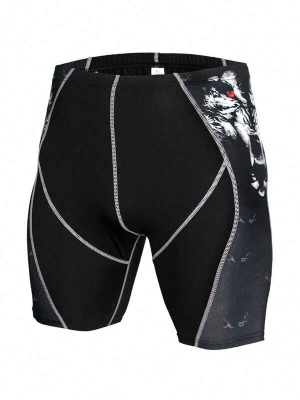 Men Wolf Print Top-stitching Sports Tights