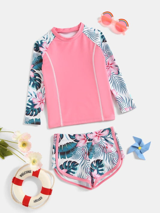 SHEIN Kids CHARMNG Toddler Girls Tropical Print Raglan Sleeve Bikini Swimsuit