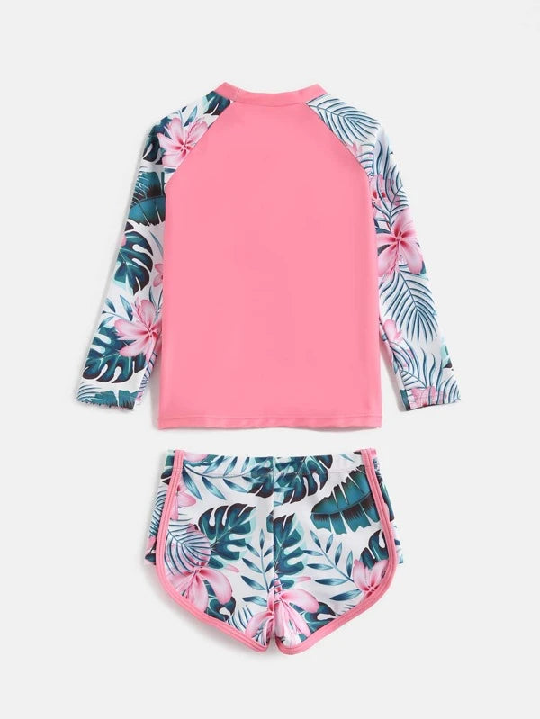 SHEIN Kids CHARMNG Toddler Girls Tropical Print Raglan Sleeve Bikini Swimsuit