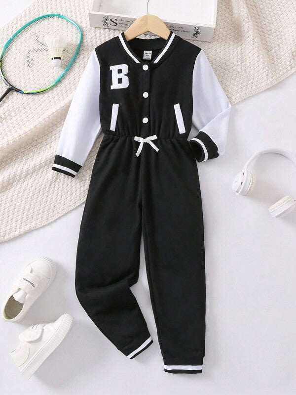 Young Girl Letter Graphic Striped Trim Colorblock Baseball Collar Jumpsuit