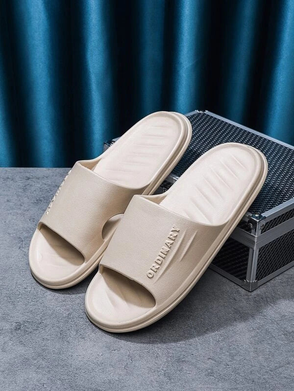 Men Letter Embossed Single Band Slides, Beige EVA Slides