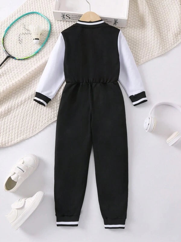 Young Girl Letter Graphic Striped Trim Colorblock Baseball Collar Jumpsuit