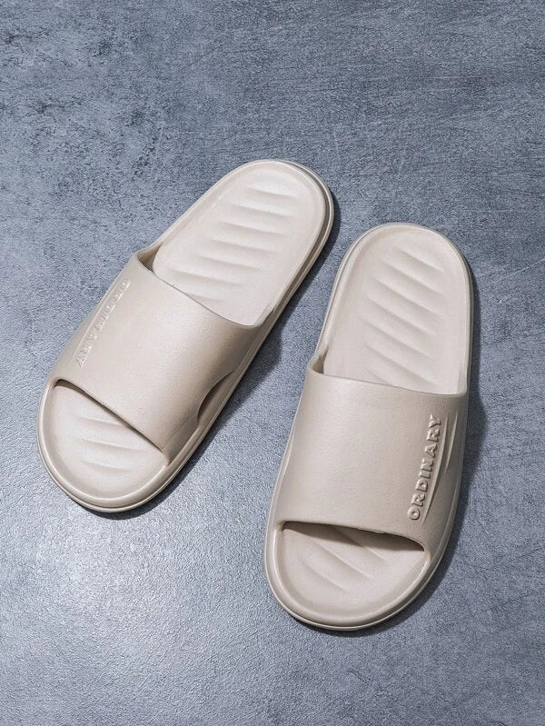 Men Letter Embossed Single Band Slides, Beige EVA Slides