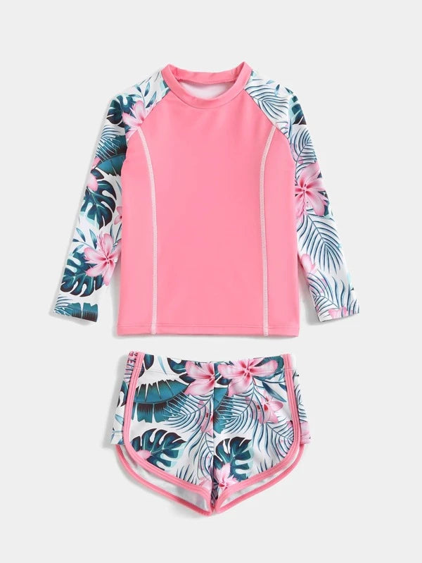 SHEIN Kids CHARMNG Toddler Girls Tropical Print Raglan Sleeve Bikini Swimsuit