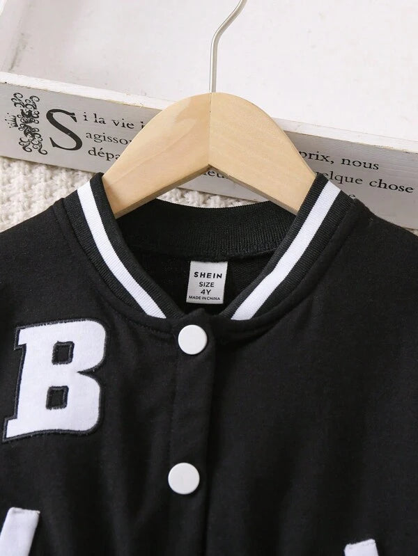 Young Girl Letter Graphic Striped Trim Colorblock Baseball Collar Jumpsuit