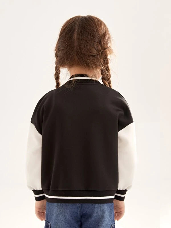 SHEIN Kids EVRYDAY Toddler Girls Number Patch Detail Two Tone Drop Shoulder Varsity Jacket