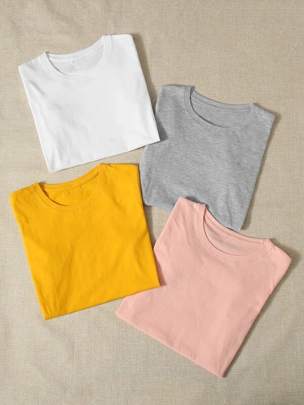 SHEIN Qutie 4pcs Round Neck Solid Tee